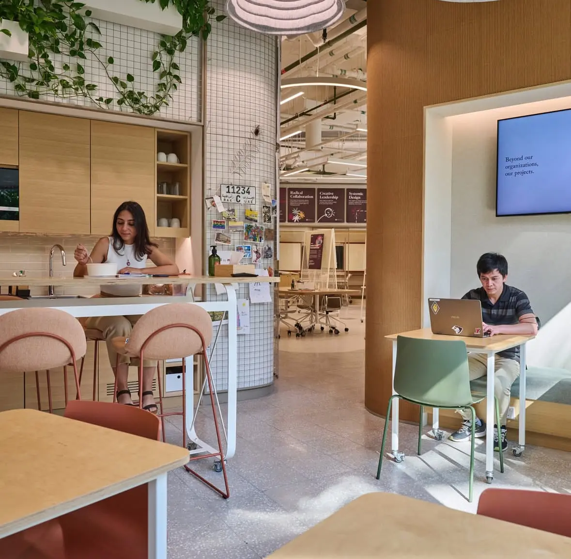 Collaborative workspace with kitchen area