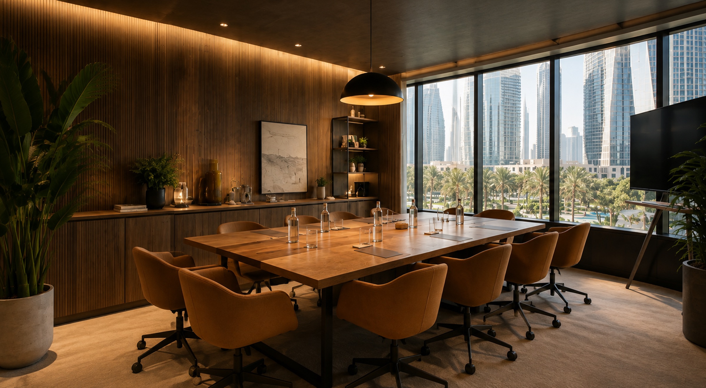 A boardroom with a Dubai skyline view